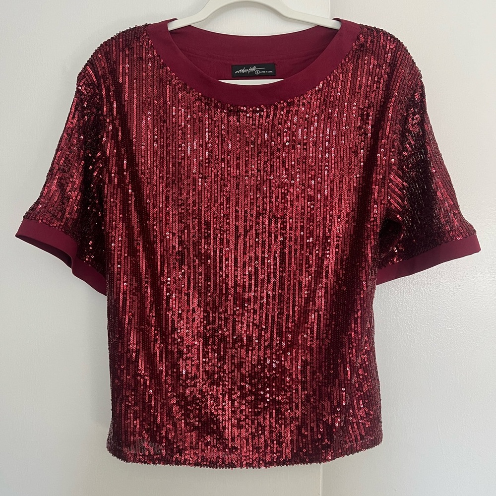 VICI Dress-Up Short Sleeve Sequin Top in Burgundy (small)
